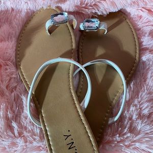 Creme Strap Faux Leather Flip Flop with Jewel Toe